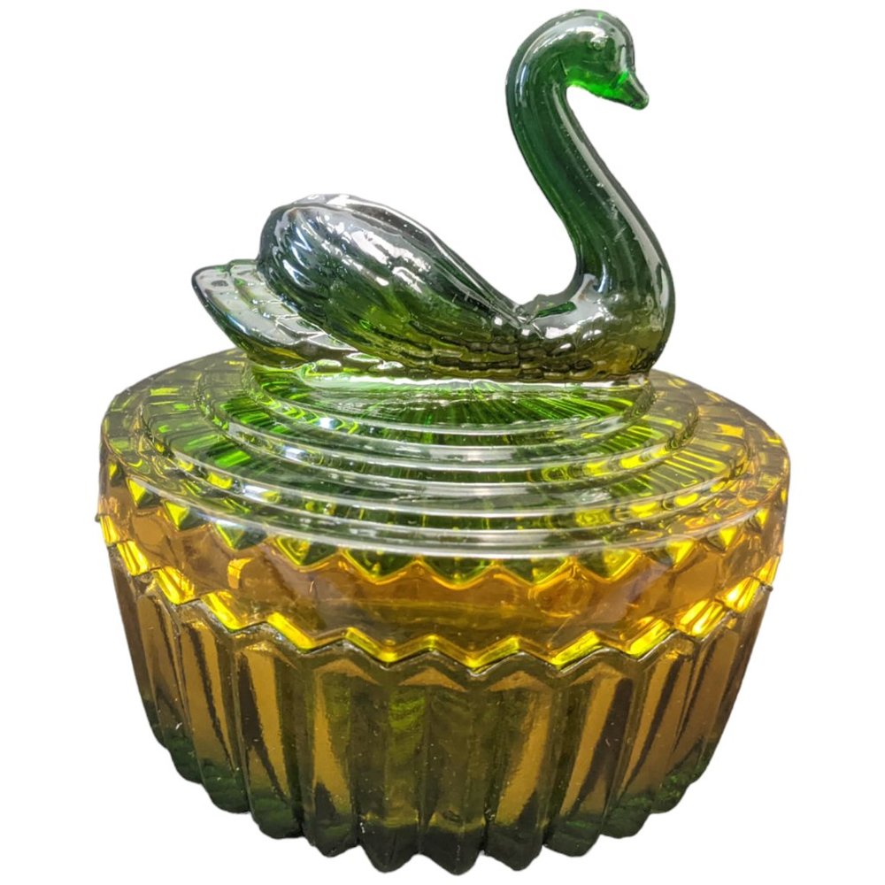 Jeanette Swan Glass Dish Candy Jar Lipstick Holder Trinket Powder Box Green Vtg